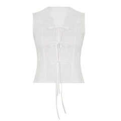 Self tie hollow out v neck ribbed solid cut out top