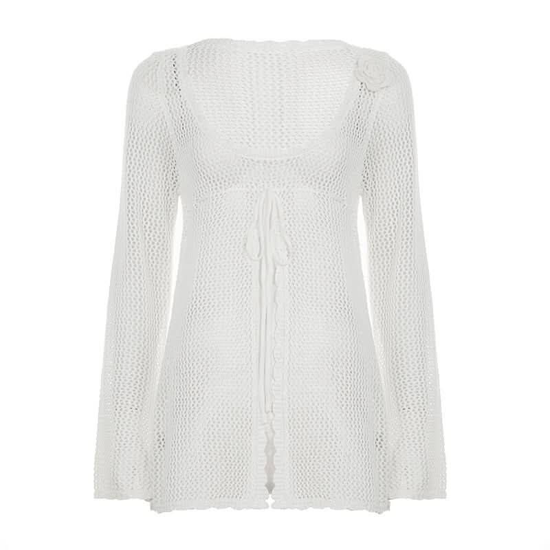 Long sleeve hollow out self tie round neck cut out top