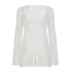 Long sleeve hollow out self tie round neck cut out top