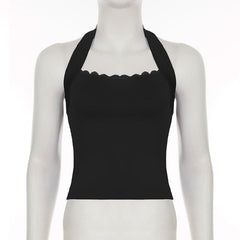 Halter self tie lace hem backless solid top