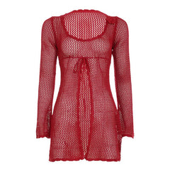 Long sleeve hollow out self tie round neck cut out top
