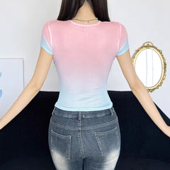 Crewneck short sleeve gradient print top