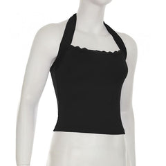 Halter self tie lace hem backless solid top