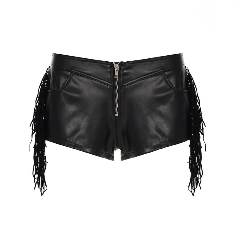 PU leather zip-up tassels pocket short pant