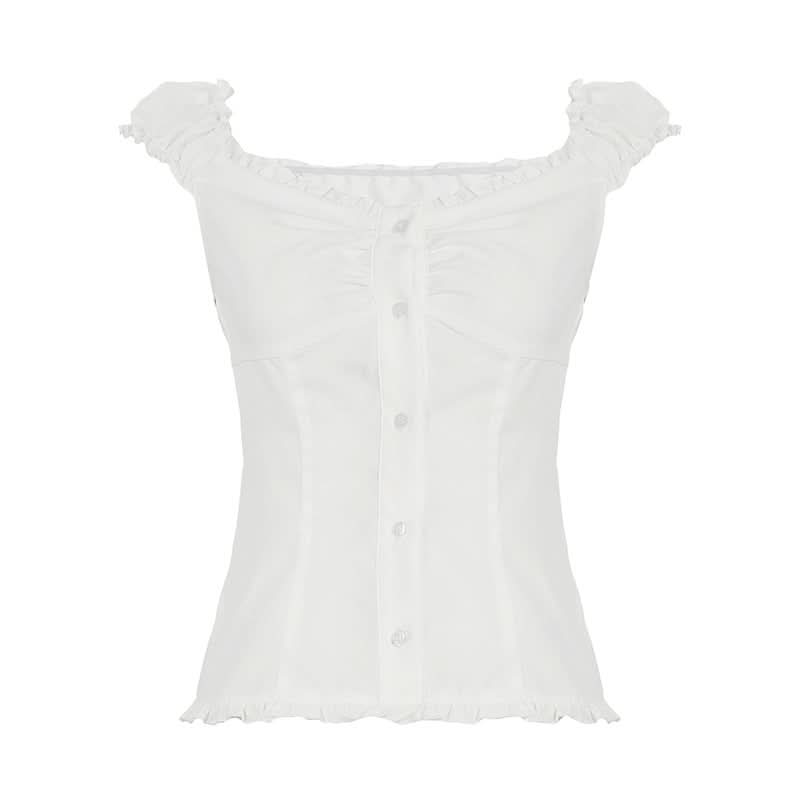 Ruffle button striped puff sleeve ruched top