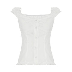 Ruffle button striped puff sleeve ruched top