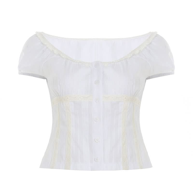 Short sleeve button ruched round neck top