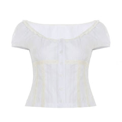 Short sleeve button ruched round neck top