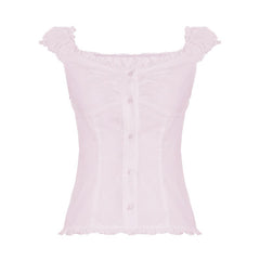 Ruffle button striped puff sleeve ruched top