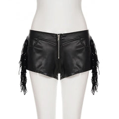 PU leather zip-up tassels pocket short pant