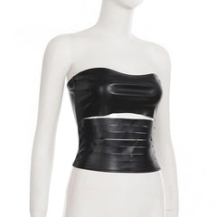 Hollow out zip-up PU leather tube cut out top