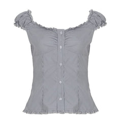 Ruffle button striped puff sleeve ruched top