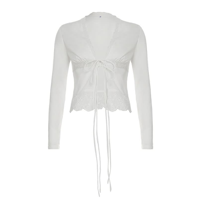 Long sleeve lace hem v neck self tie top