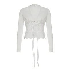 Long sleeve lace hem v neck self tie top