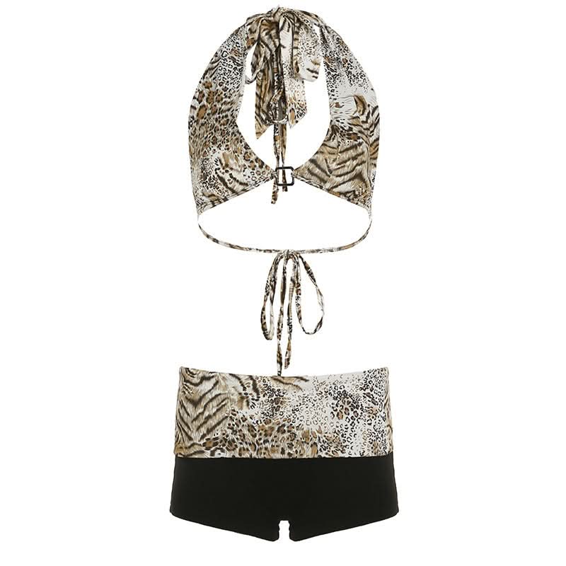 Halter self tie v neck print low rise pant set