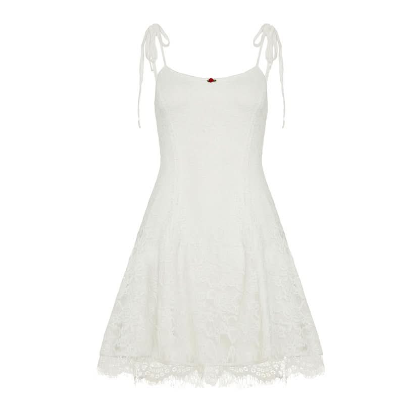 Lace u neck self tie flower applique cami mini dress