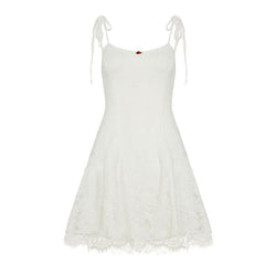 Lace u neck self tie flower applique cami mini dress