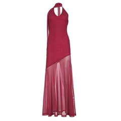 Polka dot halter slit flower applique maxi dress