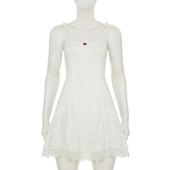 Lace u neck self tie flower applique cami mini dress