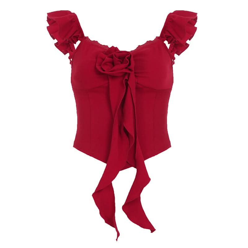 Ruffle v neck lace hem flower applique top