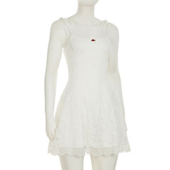 Lace u neck self tie flower applique cami mini dress