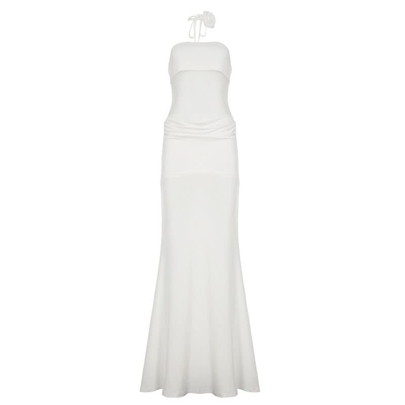 Ruched mesh patchwork solid tube maxi dress