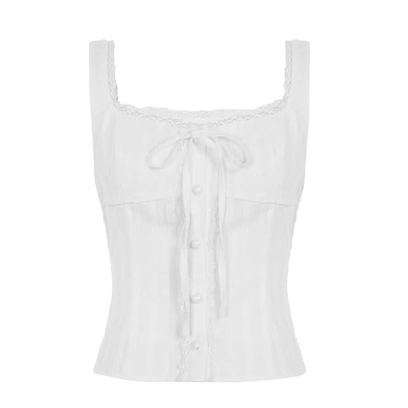 Lace hem self tie button u neck tank top