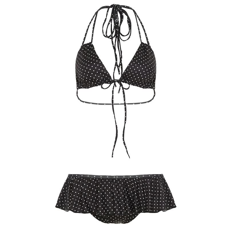 Ruffle self tie halter v neck polka dot pant set