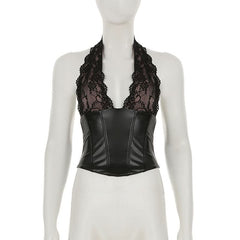 Halter lace PU leather corset v neck top