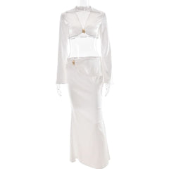 Satin long sleeve v neck maxi skirt set