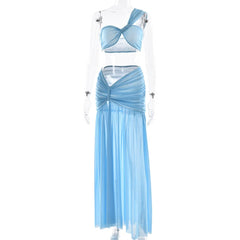 One shoulder ruched slit mesh maxi skirt set