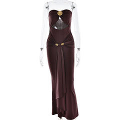 Hollow out ruched slit solid tube cut out maxi dress