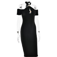 Halter hollow out self tie solid cut out midi dress