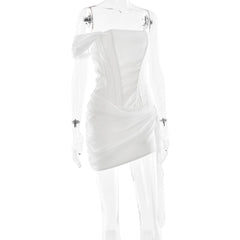 Ruched irregular satin backless tube mini dress