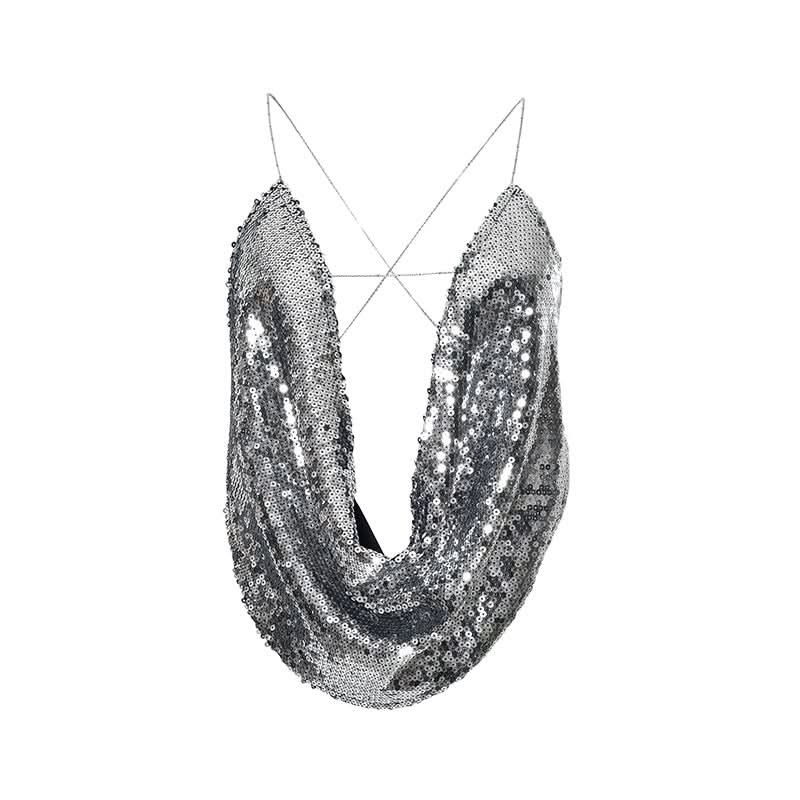 Glitter metal chain cross back cowl neck cami top