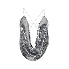 Glitter metal chain cross back cowl neck cami top