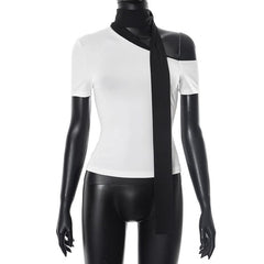 Short sleeve irregular one shoulder self tie top