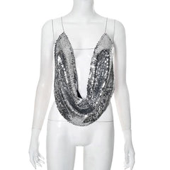 Glitter metal chain cross back cowl neck cami top