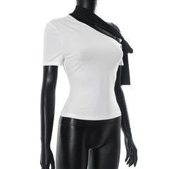 Short sleeve irregular one shoulder self tie top