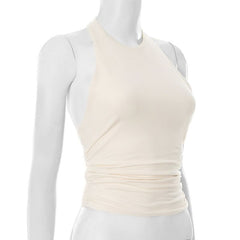 Halter ruched button backless solid top