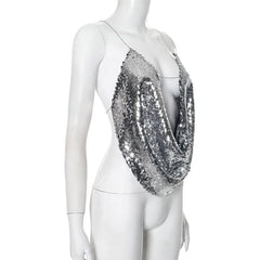Glitter metal chain cross back cowl neck cami top