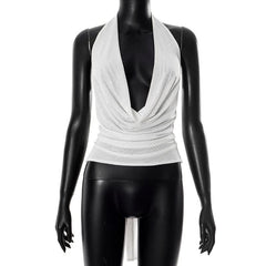 Cowl neck halter self tie mesh beaded top