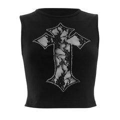 Beaded crewneck sleeveless cross lace top