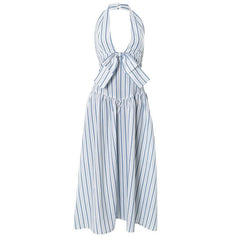 Striped bowknot zip-up halter maxi dress