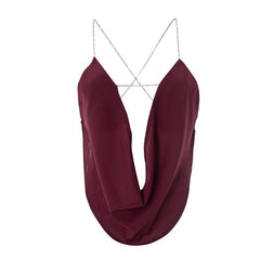 Metal chain cross back cowl neck print top