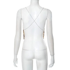 Metal chain cross back cowl neck print top