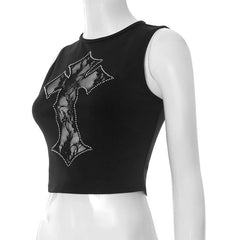 Beaded crewneck sleeveless cross lace top