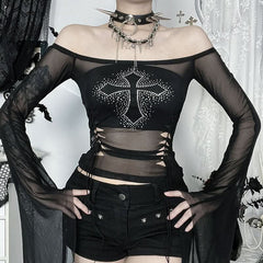 Long flared sleeve mesh off shoulder beaded top