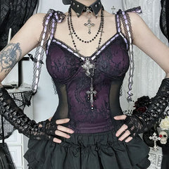 Lace v neck self tie cross applique cami top
