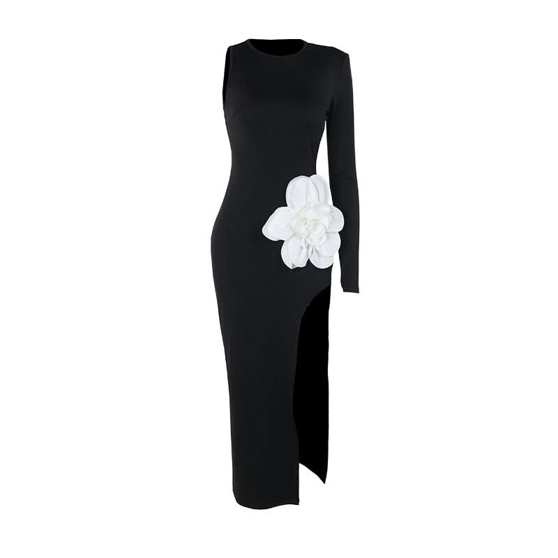 Long sleeve crewneck slit flower applique maxi dress